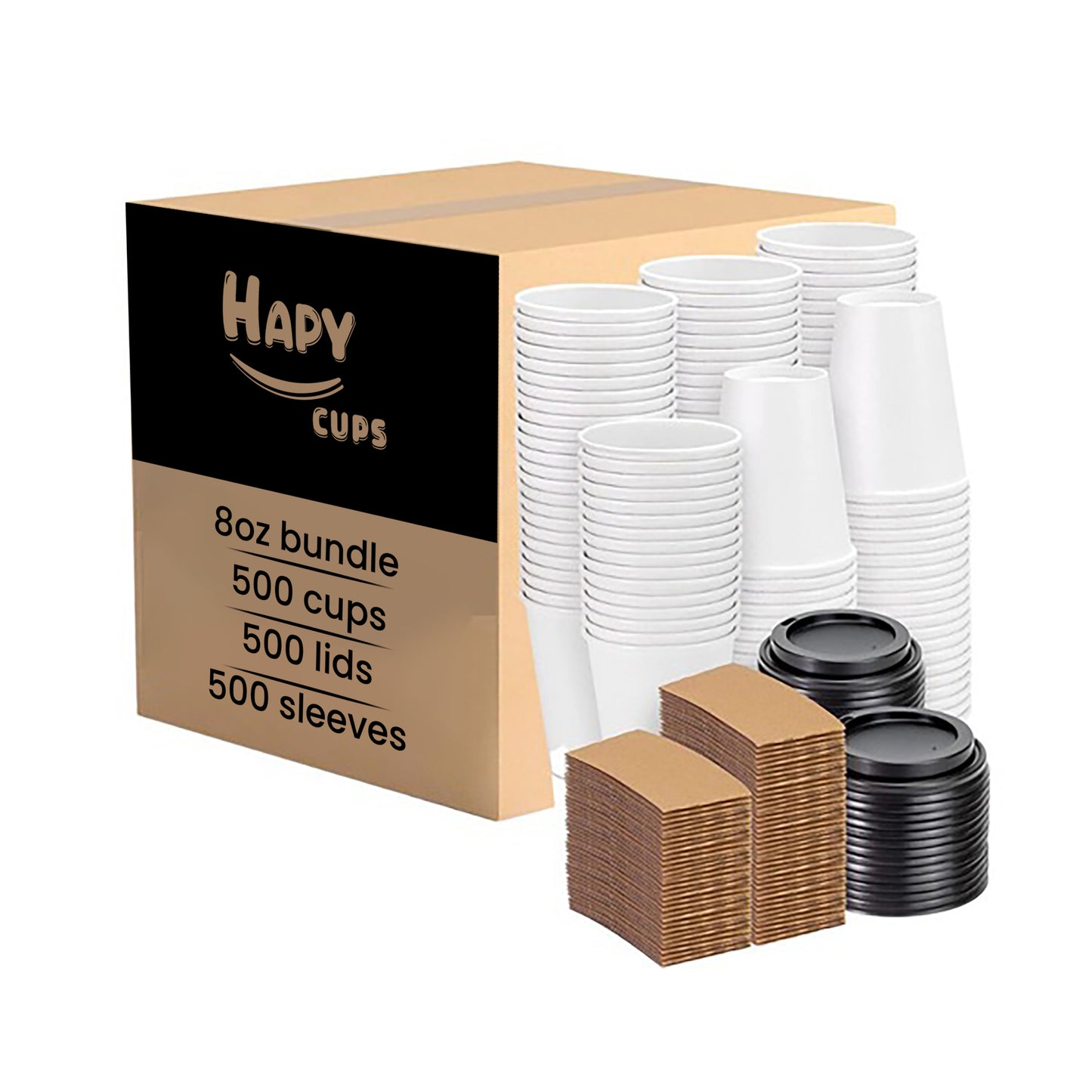 8oz White Cup + Brown Sleeve + Black Cover - 500 Count