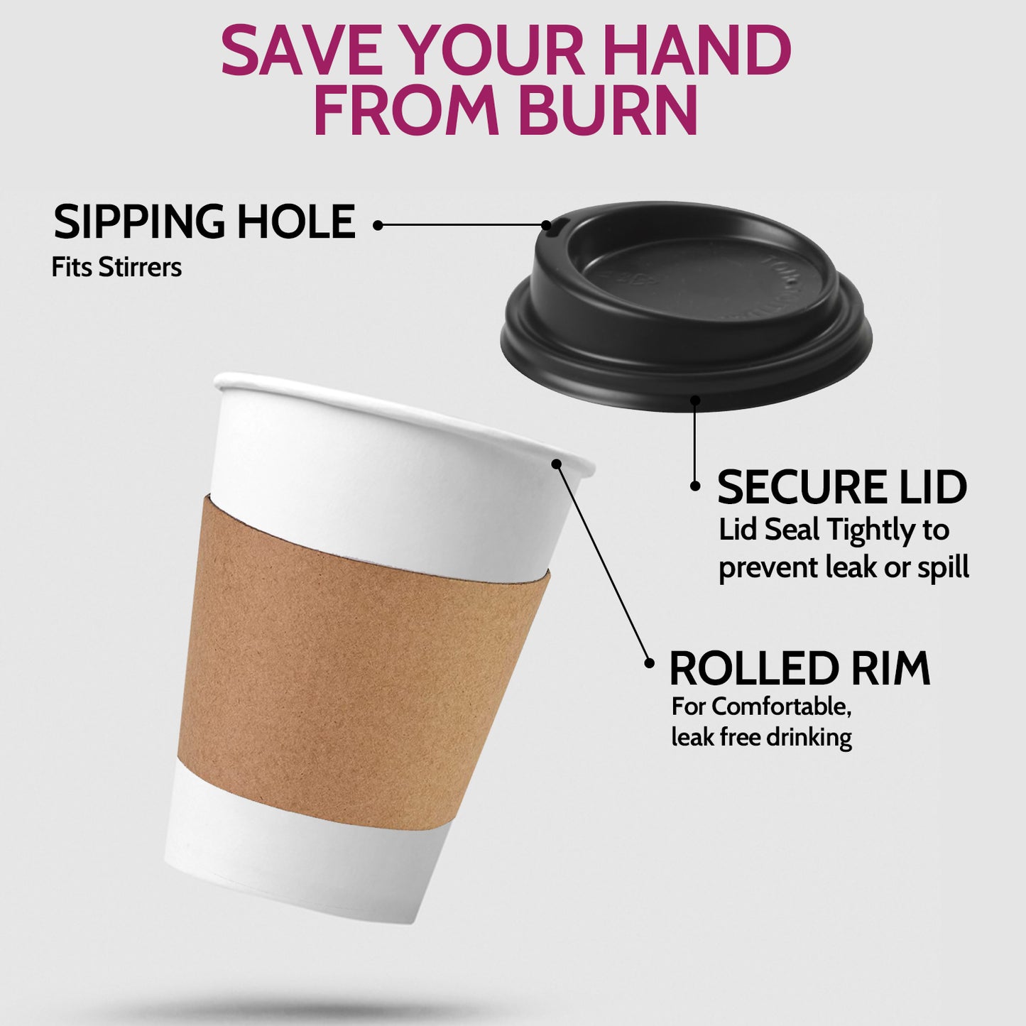 8oz White Cup + Brown Sleeve + Black Cover - 500 Count