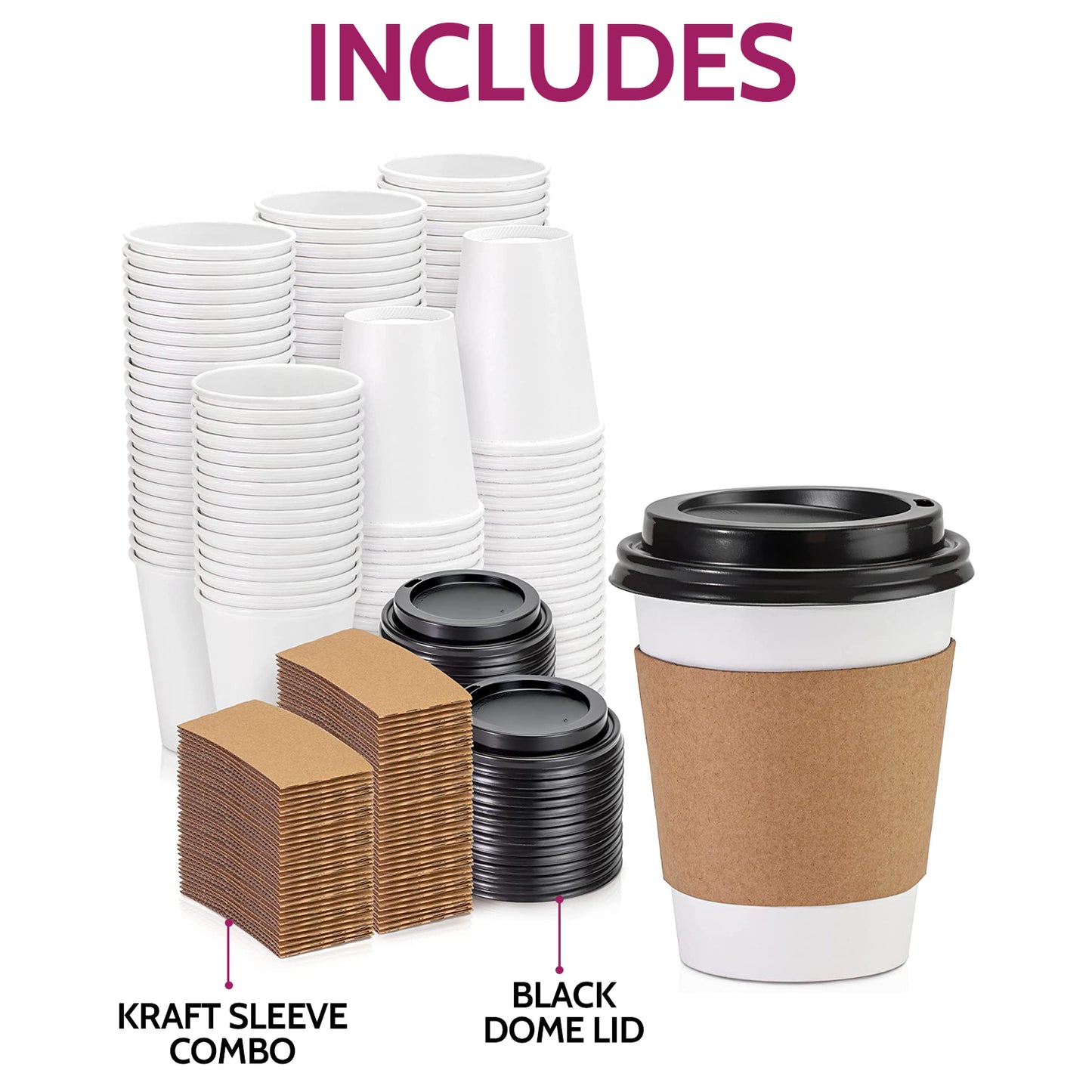 8oz White Cup + Brown Sleeve + Black Cover - 500 Count