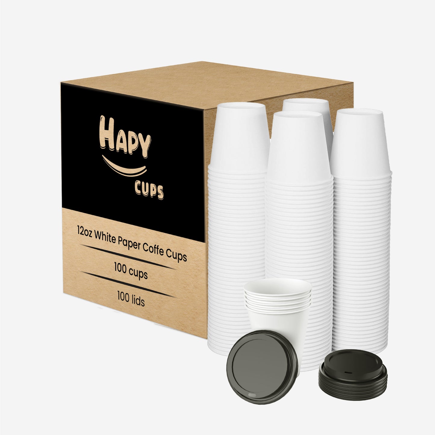 12oz White Paper Coffee Cup With Lids- 100 Count