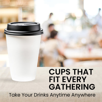 12oz White Paper Coffee Cup With Lids- 100 Count